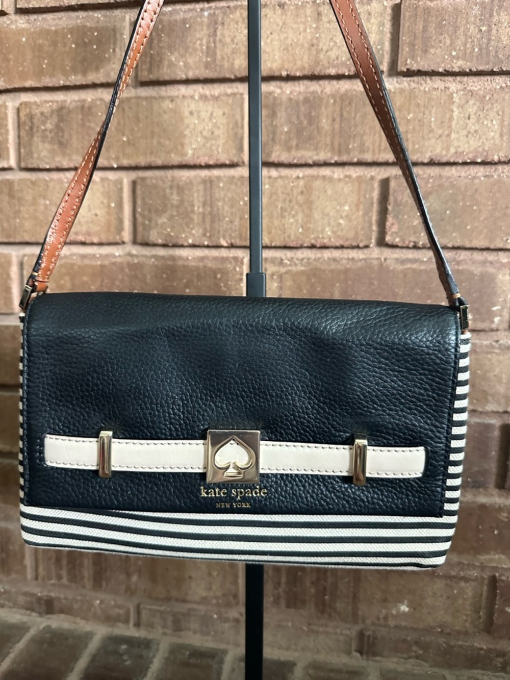 Kate Spade Houston St Loula Black White Stripe Leather Shoulder Bag Twee Prep